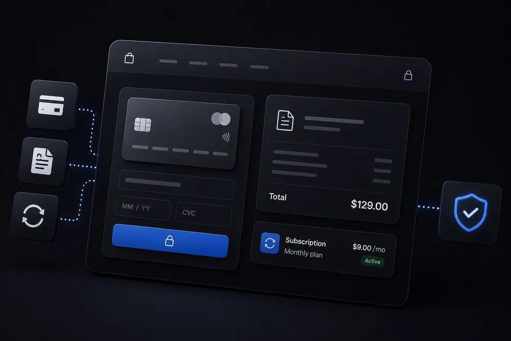 A checkout screen with card details, an order total and an active subscription plan