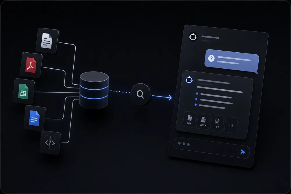Documents and code indexed into a database, searched, and answered in a chat window