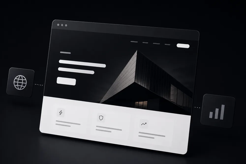 A business website homepage with sections for speed, security and analytics