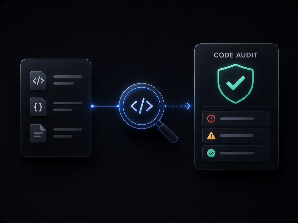 Source files under a magnifier, producing a code audit report of errors and warnings
