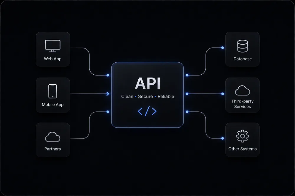 Web, mobile and partner clients calling one API that fans out to databases and third-party services