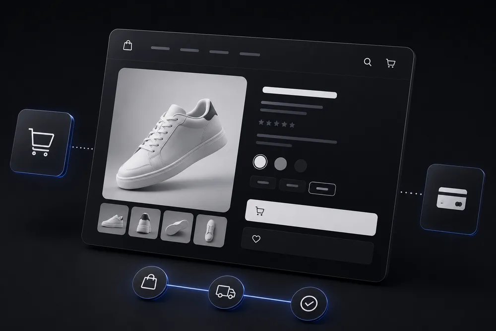 A product page with variants, cart and checkout steps