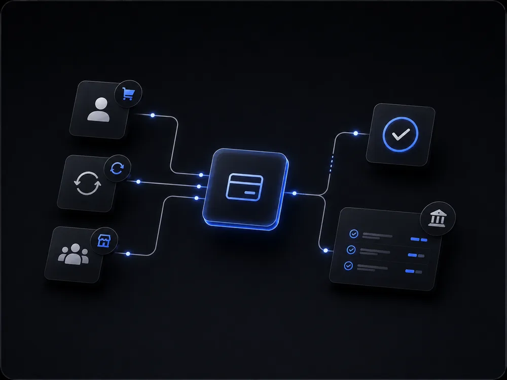 Customers and subscriptions flowing through a card payment into a settled transaction list