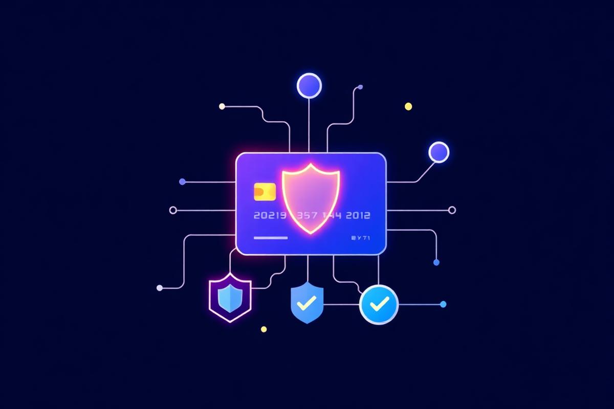 Abstract illustration of a payment card connected to secure nodes