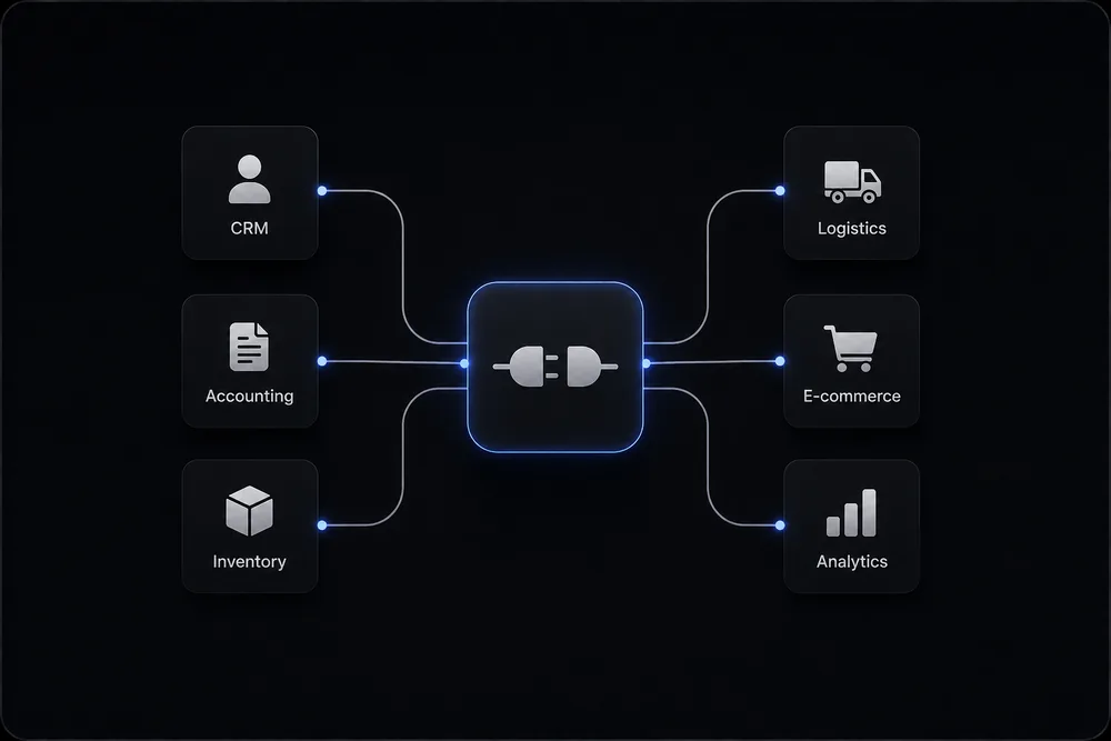 CRM, accounting and inventory connected through a hub to logistics, e-commerce and analytics