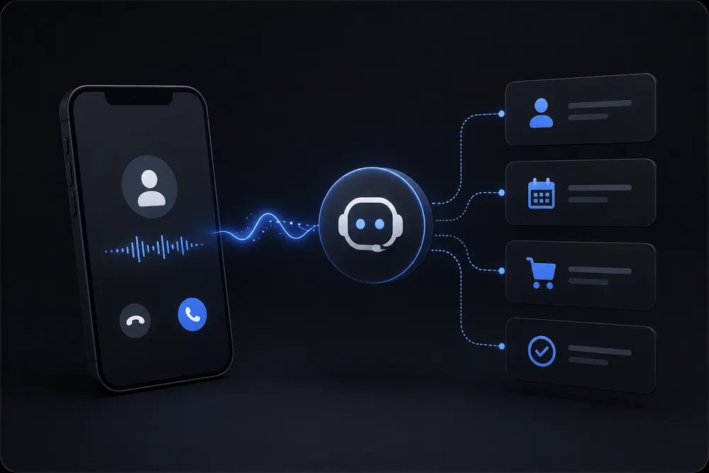 A phone call turning into a voice waveform that an agent answers and routes onward