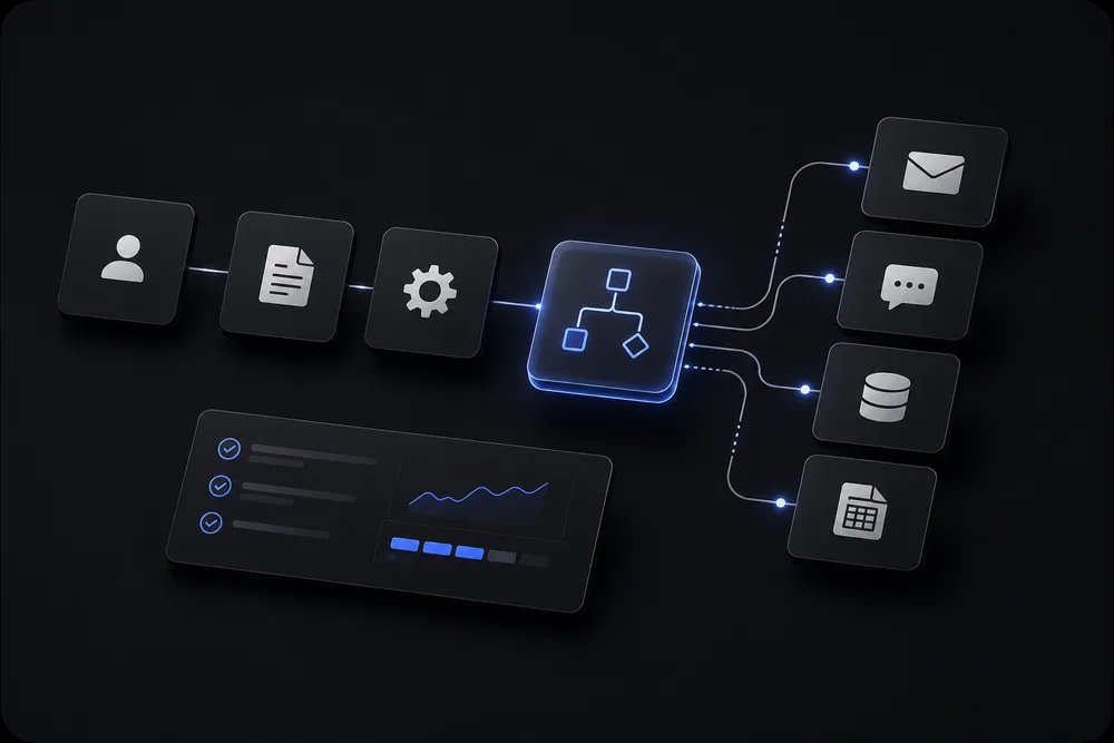 Documents and settings feeding an automation node that dispatches email, chat and calendar tasks
