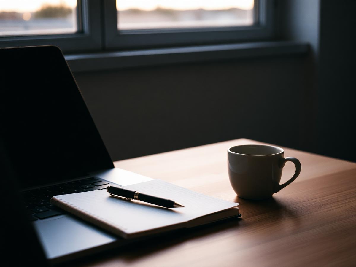 Placeholder: development setup with a laptop and notebook